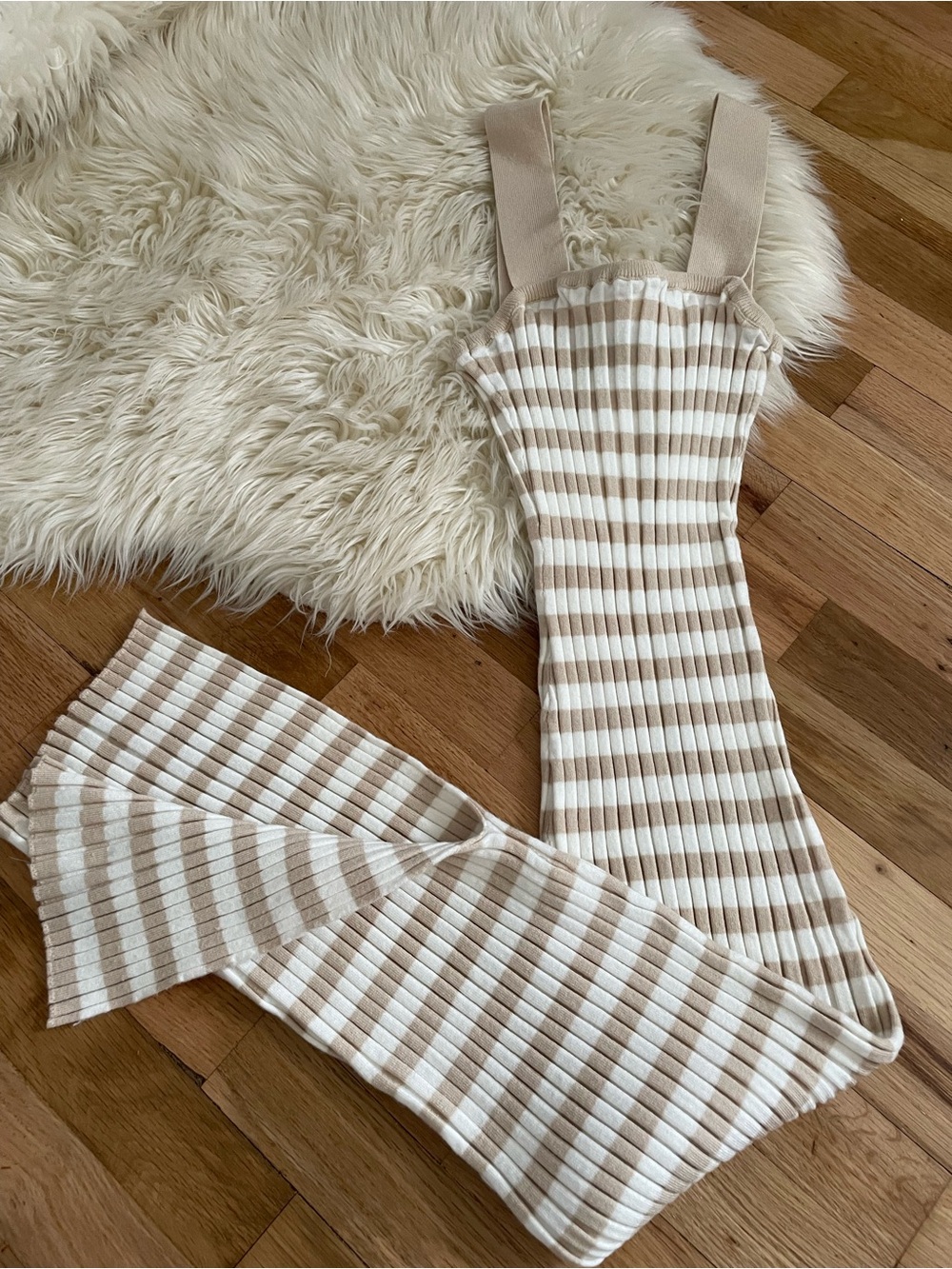 Amazon Striped Beige and White Ribbed Maxi Dress